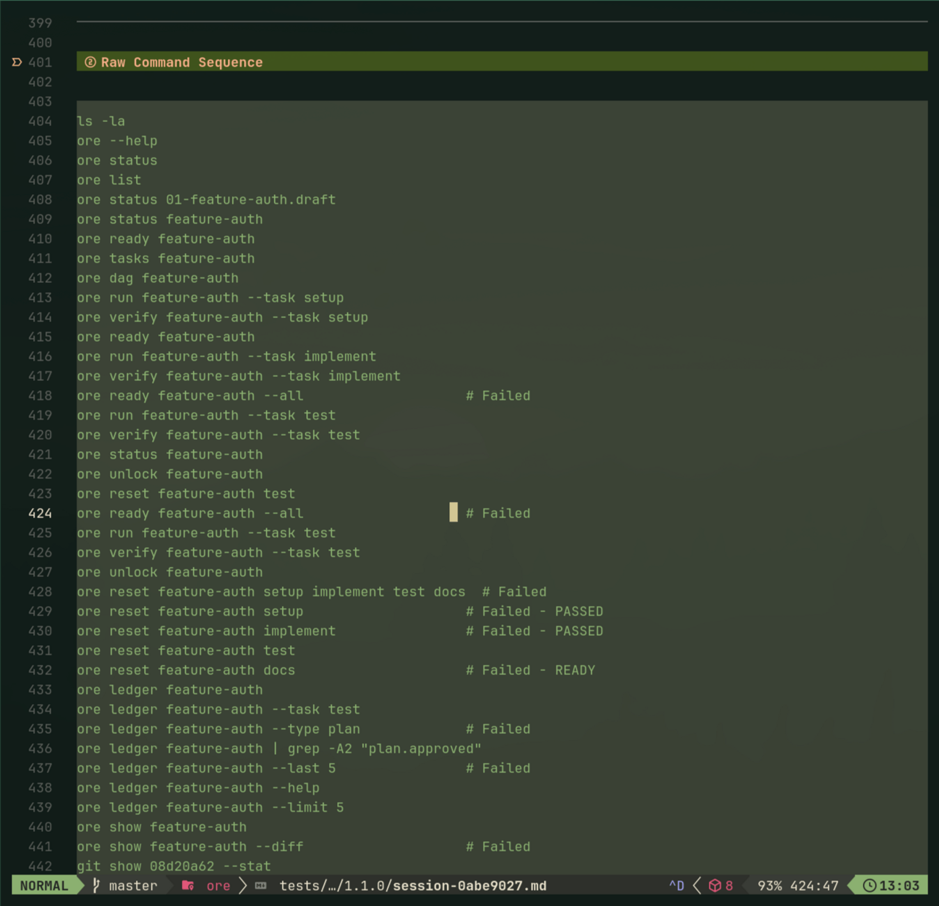 Raw command sequence log from actual agent sessions