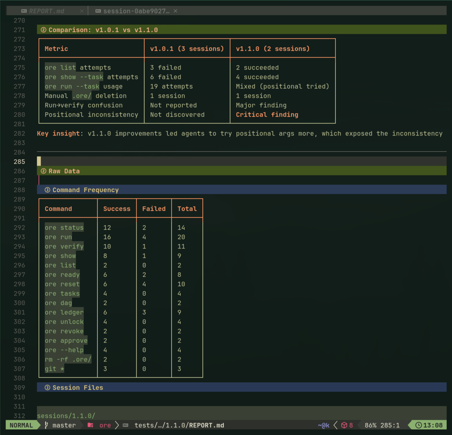 Comparison report: v1.0.1 vs v1.0.3 showing measurable improvements in agent success rates